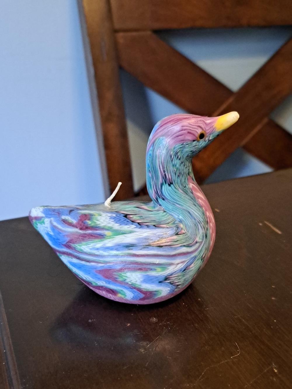 Hand-Poured Multicolor Duck-Shaped Candle - Decorative Swirled Accent